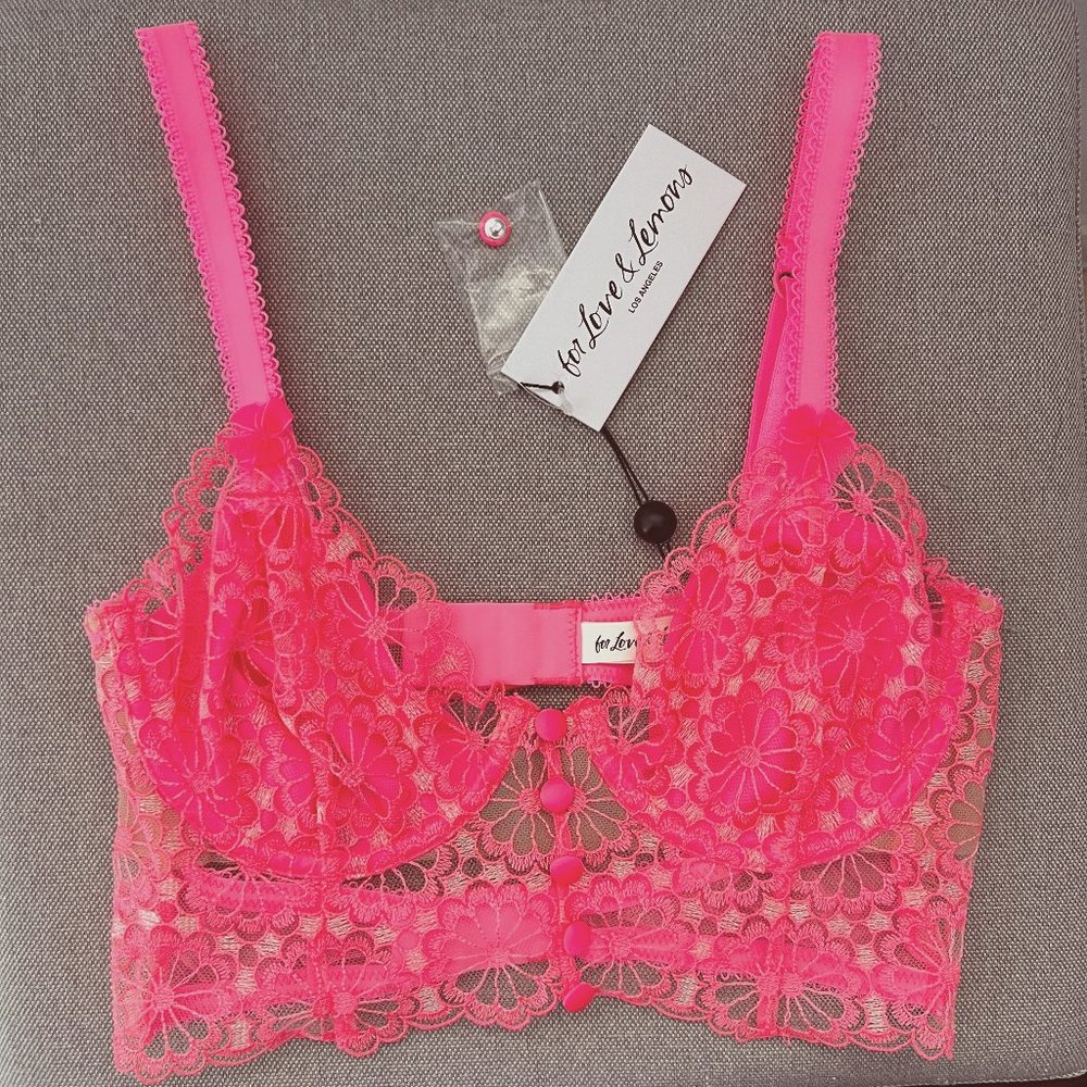 For Love & Lemons Sheer Daisy Lace Bra Hot Pink/Coral VS - Picture 2 of 11